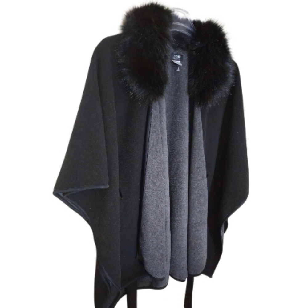 Jones New York Black Cape faux fur Wrap Coat jacket poncho Winter Polyester Belt
